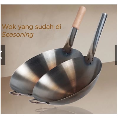 Calypso Wok Kuali Wajan Penggorengan Sudah Seasoning Anti Lengket 30-40cm Stainless Steel